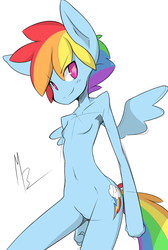 Size: 820x1220 | Tagged: safe, artist:red-poni, rainbow dash, anthro, g4, ambiguous facial structure, barbie doll anatomy, breasts, delicious flat chest, female, nudity, rainbow flat, skinny, solo, thin