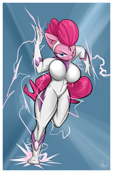 Size: 918x1400 | Tagged: safe, artist:sanders, fili-second, pinkie pie, anthro, power ponies (episode), breasts, busty pinkie pie, female, power ponies, solo