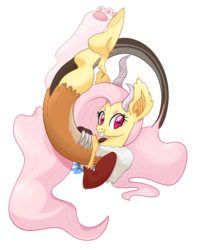 Size: 1051x1330 | Tagged: safe, artist:twitchykismet, fluttershy, draconequus, g4, bucktooth, draconequified, female, floating, flutterequus, horizontal pupils, mismatched horns, simple background, solo, transparent background