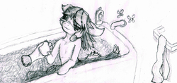 Size: 4756x2240 | Tagged: safe, artist:derpsickle, apple bloom, g4, bath, charming, cute, hand, like a distant fond memory, monochrome, traditional art