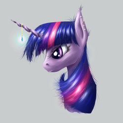 Size: 1500x1500 | Tagged: safe, artist:akurion, twilight sparkle, pony, unicorn, fanfic:the night is passing, g4, bust, cut, ear fluff, ear piercing, fanfic, fanfic art, female, fluffy, frown, glare, gray background, grumpy, horn, horn jewelry, injured, jewelry, mare, messy mane, piercing, portrait, purple eyes, simple background, solo, unicorn twilight