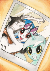 Size: 1639x2318 | Tagged: safe, artist:souleatersaku90, dj pon-3, lyra heartstrings, vinyl scratch, wolf, g4, commission, fanfic, fanfic art, group photo, hug, photo, the simple life, traditional art, watercolor painting