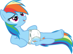 Size: 1000x735 | Tagged: safe, artist:porygon2z, rainbow dash, pony, g4, bedroom eyes, diaper, diaper edit, diapered, female, gimpy leg, lying down, mare, non-baby in diaper, on back, relaxing, simple background, solo, transparent background, white diaper, wingless