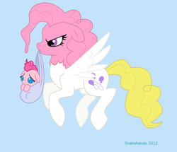 Size: 1024x879 | Tagged: safe, artist:snakehands, pinkie pie, surprise, earth pony, pegasus, pony, g4, baby, baby pie, baby pony, babysitting, bubblegum, carrying, filly, flying, foal