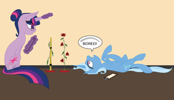 Size: 2500x1440 | Tagged: safe, artist:copperirisart, trixie, twilight sparkle, pony, unicorn, g4, alternate hairstyle, bored, female, levitation, lying down, magic, mare, misspelling, on back, plants, ponytail, telekinesis, unicorn twilight