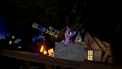 Size: 1920x1080 | Tagged: safe, artist:d0ntst0pme, spike, twilight sparkle, g4, 3d, boop box, gmod, night, not sfm, scroll, stargazing, telescope, tree