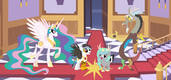 Size: 1280x604 | Tagged: safe, artist:lost-our-dreams, discord, princess celestia, oc, draconequus, hybrid, g4, draconequus oc, female, interspecies offspring, male, offspring, parent:discord, parent:princess celestia, parents:dislestia, ship:dislestia, shipping, straight