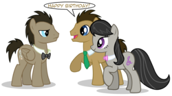 Size: 1750x980 | Tagged: safe, artist:theevilflashanimator, doctor whooves, octavia melody, time turner, earth pony, pegasus, pony, ask discorded whooves, g4, bowtie, discord whooves, discorded, duality, female, happy birthday, male, mare, multiverse, necktie, race swap, self ponidox, simple background, stallion, the doctor, timelord ponidox, transparent background, trio, tumblr, vector