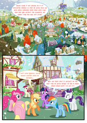 Size: 3500x4951 | Tagged: safe, artist:light262, artist:lummh, applejack, cloud kicker, fluttershy, pinkie pie, rainbow dash, rarity, roseluck, twilight sparkle, alicorn, pony, comic:timey wimey, g4, comic, female, mane six, mare, ponyville, snow, snowfall, twilight sparkle (alicorn)