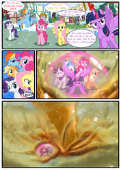 Size: 3500x4951 | Tagged: safe, artist:light262, artist:lummh, applejack, fluttershy, pinkie pie, rainbow dash, rarity, twilight sparkle, alicorn, pony, comic:timey wimey, g4, action pose, comic, female, force field, mane six, mare, twilight sparkle (alicorn)