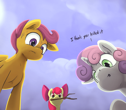 Size: 2000x1749 | Tagged: safe, artist:dimfann, apple bloom, scootaloo, sweetie belle, earth pony, pegasus, pony, unicorn, g4, apple bloom's bow, bow, cloud, cloudy, cutie mark crusaders, death, dialogue, female, filly, foal, hair bow, implied murder, looking down, mouth hold, offscreen character, one ear down, pov, sky, stick, sweat, talking