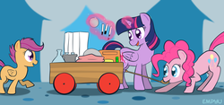 Size: 1100x516 | Tagged: safe, artist:empyu, pinkie pie, scootaloo, twilight sparkle, alicorn, earth pony, pegasus, pony, g4, 30 minute art challenge, beaker, female, mare, science, test tube, trio, twilight sparkle (alicorn), wagon