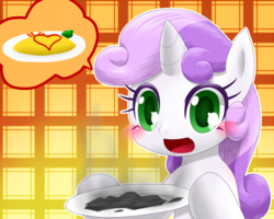 Size: 700x560 | Tagged: safe, artist:hashioaryut, sweetie belle, pony, unicorn, g4, :d, abstract background, blush sticker, blushing, coal, colored pupils, cute, diasweetes, female, filly, happy, hoof hold, looking at you, omelette, pictogram, pixiv, solo, speech bubble, sweetie belle can't cook, sweetie fail