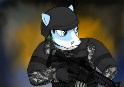 Size: 1500x1050 | Tagged: safe, artist:marcoon1305, oc, oc only, oc:solar chaser, anthro, ar-15, camouflage, digital camouflage, gun, reflex sight, rifle, solar chaser, solo, weapon