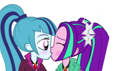 Size: 1366x768 | Tagged: safe, artist:sunsetwishesmlp, aria blaze, sonata dusk, equestria girls, g4, blushing, duo, female, kiss on the lips, kissing, lesbian, ship:arisona, shipping