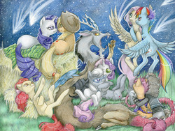 Size: 1000x753 | Tagged: safe, artist:mommashy, apple bloom, applejack, discord, fluttershy, rainbow dash, rarity, scootaloo, silver spoon, sweetie belle, truffle shuffle, g4, bedroom eyes, both cutie marks, colored pencil drawing, cute, female, lesbian, lesbian in front of boys, male, meteor shower, ship:flutterdash, ship:rarijack, ship:silverbelle, shipping, traditional art, yawn