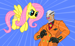 Size: 800x490 | Tagged: safe, artist:lonewolf3878, fluttershy, human, pegasus, pony, g4, ace attorney, crossover, damon gant, female, male, mare, the stare
