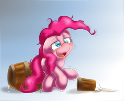 Size: 1225x1000 | Tagged: safe, artist:ushiro no kukan, pinkie pie, earth pony, pony, g4, barrel, blushing, cider, cute, diapinkes, drunk, female, floppy ears, gradient background, lidded eyes, mare, messy mane, open mouth, raised hoof, raised leg, shivering, smiling, solo, tankard