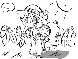 Size: 1024x768 | Tagged: safe, artist:acharmingpony, pony, bloomers, clothes, crossover, female, hat, mare, monochrome, ponified, skirt, solo, strawberry shortcake, strawberry shortcake (character)