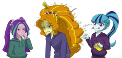 Size: 870x418 | Tagged: safe, artist:ta-na, adagio dazzle, aria blaze, sonata dusk, equestria girls, g4, my little pony equestria girls: rainbow rocks, angry, french fries, korean, licking lips, lip bite, messy hair, smiling, sweatdrop, the dazzlings, tongue out, twilight scepter