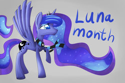 Size: 1024x683 | Tagged: safe, artist:clayman778, princess luna, lunadoodle, g4, caption, clothes, dailyponydoodle, female, raised hoof, scarf, simple background, solo, spread wings