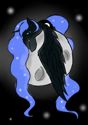 Size: 2480x3508 | Tagged: safe, artist:muserkikki, nightmare moon, g4, female, high res, moon, prone, sad, solo, tangible heavenly object