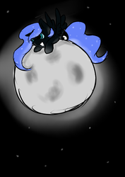 Size: 2480x3508 | Tagged: safe, artist:muserkikki, nightmare moon, g4, :d, chibi, female, high res, moon, prone, solo, spread wings, tangible heavenly object