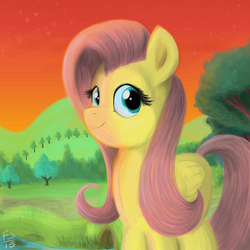 Size: 1754x1754 | Tagged: safe, artist:fladdrarblyg, fluttershy, pegasus, pony, g4, female, folded wings, looking at you, smiling, solo, sunrise