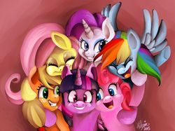 Size: 1024x765 | Tagged: safe, artist:shivall, applejack, fluttershy, pinkie pie, rainbow dash, rarity, twilight sparkle, alicorn, pony, g4, female, group hug, mane six, mare, twilight sparkle (alicorn)