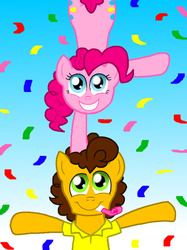 Size: 500x667 | Tagged: safe, artist:crazynutbob, cheese sandwich, pinkie pie, g4, confetti, female, male, noisemaker, ship:cheesepie, shipping, straight