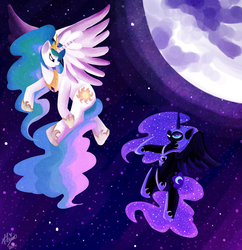 Size: 1600x1650 | Tagged: safe, artist:shivall, nightmare moon, princess celestia, g4, fight, flying, moon, night