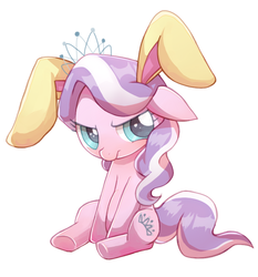 Size: 700x750 | Tagged: safe, artist:masa_0006, diamond tiara, earth pony, pony, g4, bunny ears, cute, diamondbetes, female, filly, floppy ears, pixiv, sitting, solo