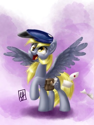 Size: 1000x1333 | Tagged: safe, artist:spacechickennerd, derpy hooves, pegasus, pony, g4, ear fluff, female, hat, letter, mailbag, mailmare, mare, raised hoof, smiling, solo, spread wings