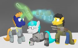 Size: 1280x788 | Tagged: safe, artist:minty candy, oc, oc only, oc:minty candy, oc:twintails, pegasus, pony, unicorn, fallout equestria, fallout equestria: occupational hazards, b.a.r., clothes, gun, magic, mexican standoff, rifle, story, telekinesis