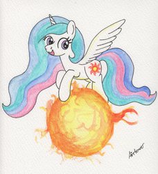 Size: 3912x4282 | Tagged: safe, artist:airtower, princess celestia, g4, :d, female, smiling, solo, sun, tangible heavenly object, traditional art