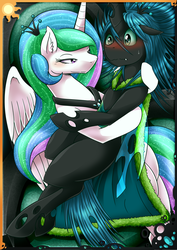 Size: 2480x3506 | Tagged: safe, artist:vavacung, princess celestia, queen chrysalis, alicorn, changeling, changeling queen, pony, comic:when villain win, g4, alternate hairstyle, blushing, cape, clothes, female, high res, holding, lesbian, mare, ship:chryslestia, shipping, smiling, sweat, sweatdrop