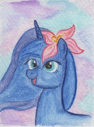 Size: 911x1231 | Tagged: safe, artist:airtower, princess luna, g4, female, flower in hair, solo, traditional art