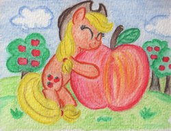 Size: 1225x934 | Tagged: safe, artist:airtower, applejack, g4, apple, eyes closed, female, giant apple, hug, solo, traditional art