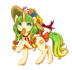 Size: 1020x1000 | Tagged: safe, artist:aki-chanx3, oc, oc only, oc:wonder petal, bow, carrot, flower, hat, mouth hold, simple background, solo, transparent background