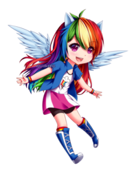Size: 790x1011 | Tagged: safe, artist:epiccookininja, rainbow dash, equestria girls, g4, chibi, colored pupils, cute, dashabetes, eared humanization, female, humanized, ponied up, simple background, solo, transparent background, winged humanization