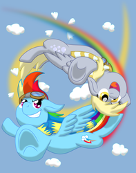 Size: 1080x1368 | Tagged: safe, artist:south-fur, derpy hooves, rainbow dash, pegasus, pony, g4, clothes, cloud, cloudy, female, flying, goggles, mare, scarf, underhoof