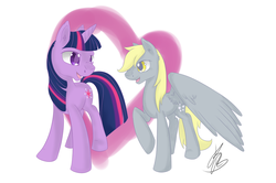 Size: 1024x681 | Tagged: safe, artist:chibikemono, derpy hooves, twilight sparkle, pegasus, pony, unicorn, g4, dusk shine, female, half r63 shipping, looking at each other, male, mare, raised hoof, rule 63, ship:twerpy, shipping, simple background, spread wings, stallion, straight