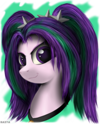 Size: 638x793 | Tagged: safe, artist:razya, aria blaze, earth pony, pony, equestria girls, g4, my little pony equestria girls: rainbow rocks, abstract background, bust, disguise, earth pony aria blaze, equestria girls ponified, female, looking at you, ponified, portrait, smiling, smirk, solo