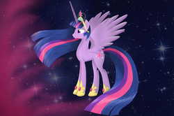 Size: 1024x681 | Tagged: safe, artist:chibikemono, twilight sparkle, alicorn, pony, g4, big crown thingy, female, hoof shoes, jewelry, mare, older, regalia, smiling, solo, space, spread wings, starry backdrop, twilight sparkle (alicorn), ultimate twilight, windswept mane