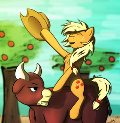 Size: 1363x1398 | Tagged: safe, artist:rainihorn, applejack, bull, earth pony, pony, g4, duo, female, happy, mare, ponies riding bulls, riding, tree