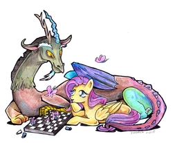 Size: 1280x1061 | Tagged: safe, artist:zvynuota, discord, fluttershy, butterfly, g4, chess, prone, simple background, traditional art