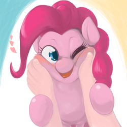 Size: 2000x2000 | Tagged: dead source, safe, artist:ushiro no kukan, pinkie pie, earth pony, human, pony, g4, blushing, cheek squish, cute, diapinkes, female, hand, heart, high res, looking at you, mare, one eye closed, open mouth, ponk, smiling, solo, squeezing, squishy cheeks, ushiro is trying to murder us, wink