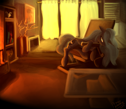 Size: 3000x2600 | Tagged: safe, artist:pedrohander, princess luna, alicorn, pony, g4, chair, colored, digital art, female, fireplace, high res, looking at you, mare, prone, solo