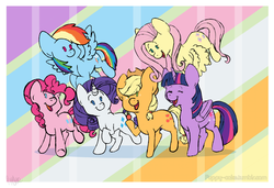 Size: 1412x963 | Tagged: safe, artist:puppydoctor, applejack, fluttershy, pinkie pie, rainbow dash, rarity, twilight sparkle, alicorn, pony, g4, female, happy, mane six, mare, smiling, twilight sparkle (alicorn)