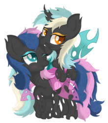 Size: 3700x4200 | Tagged: safe, artist:law44444, bon bon, lyra heartstrings, sweetie drops, changeling, g4, blue changeling, bon bon is best changeling, changelingified, ear bite, female, lesbian, pink changeling, ship:lyrabon, shipping